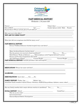 PAST MEDICAL HISTORY (Pediatric ≤ 18 Years-Old)