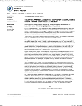 IG Glenn Cunha to Take Over Drug Lab Review, November 5, 2012