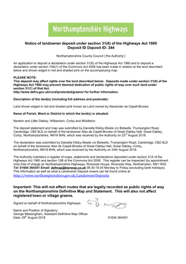 Notice of Landowner Deposit Under Section 31(6) of the Highways Act 1980 Deposit ID Deposit ID: 344