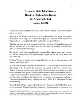 Memorial of St. John Vianney Homily of Bishop John Barres St. Agnes Cathedral August 4, 2021