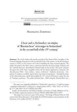 A Bear and a Clockmaker: on Origins of “Russian Bear” Stereotype in Switzerland in the Second Half of the 19Th Century**