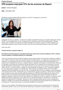 CFK Propone Expropiar 51% De Las Acciones De Repsol