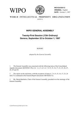 WO/GA/XXI/13 ORIGINAL: English WIPO DATE: October 1, 1997