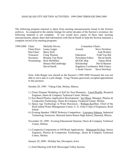 Asae Quad City Section Activities: 1999-2000 Through 2008-2009