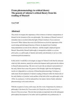 From Phenomenology to Critical Theory the Genesis of Adorno's Critical Theory from His Reading of Husserl