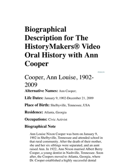 Biographical Description for the Historymakers® Video Oral History with Ann Cooper