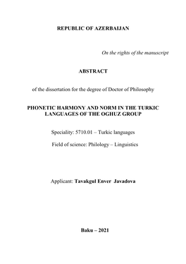 REPUBLIC of AZERBAIJAN on the Rights of the Manuscript ABSTRACT