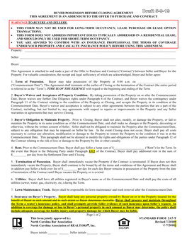 Buyer Possession Before Closing Agreement (Form 2A7-T)