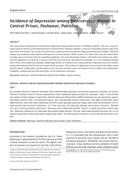 Incidence of Depression Among Incarcerated Woman in Central Prison, Peshawar, Pakistan