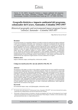 Geografía Histórica E Impacto Ambiental Del Programa Colonizador Del Carare, Santander, Colombia 1953-1957