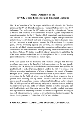 Policy Outcomes of the 10Th UK-China Economic and Financial Dialogue