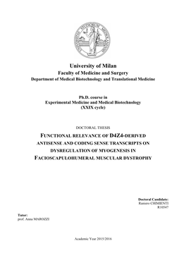 University of Milan Faculty of Medicine and Surgery Department of Medical Biotechnology and Translational Medicine