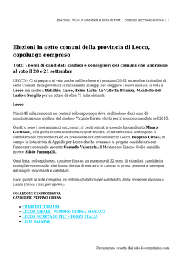 Elezioni 2020. Candidati E Liste Di Tutti I Comuni Lecchesi Al Voto | 1