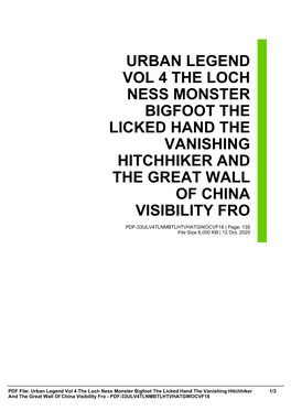 Urban Legend Vol 4 the Loch Ness Monster Bigfoot the Licked Hand the Vanishing Hitchhiker and the Great Wall of China Visibility Fro