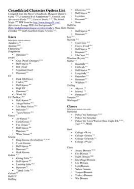 Consolidated Character Options List