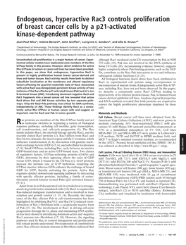 Endogenous, Hyperactive Rac3 Controls Proliferation of Breast Cancer Cells by a P21-Activated Kinase-Dependent Pathway