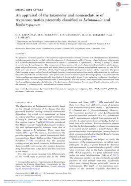 An Appraisal of the Taxonomy and Nomenclature of Trypanosomatids Presently Classiﬁed As Leishmania and Endotrypanum