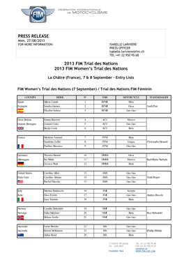 PRESS RELEASE 2013 FIM Trial Des Nations 2013 FIM Women's Trial