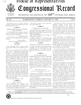 Congressional Record United States Th of America PROCEEDINGS and DEBATES of the 105 CONGRESS, FIRST SESSION