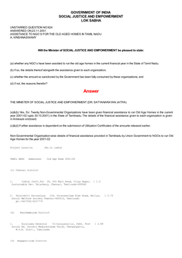 Answered On:23.11.2001 Assistance to Ngo`S for the Old Aged Homes in Tamil Nadu A