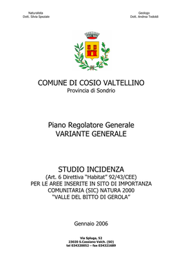 COMUNE DI COSIO VALTELLINO Piano Regolatore Generale