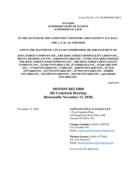 MOTION RECORD (Re Comeback Hearing) (Returnable November 13, 2020)