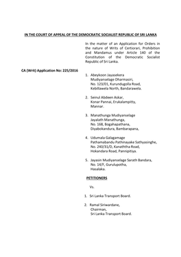 IN the COURT of APPEAL of the DEMOCRATIC SOCIALIST REPUBLIC of SRI LANKA in the Matter of an Application for Orders in the Natur