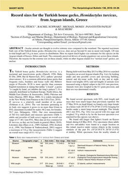 Record Sizes for the Turkish House Gecko, Hemidactylus Turcicus, from Aegean Islands, Greece