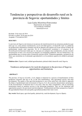 Tendencias Y Perspectivas De Desarrollo Rural En La Provincia De Segovia: Oportunidades Y Límites