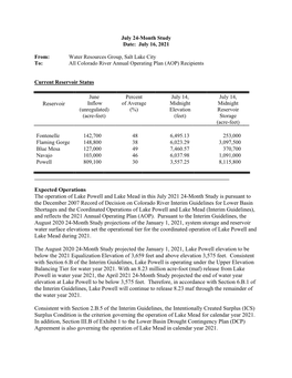 Reservoir Expected Operations the Operation of Lake Powell and Lake