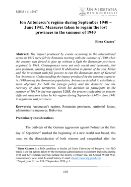 Ion Antonescu's Regime During September 1940 – June 1941. Measures Taken to Regain the Lost Provinces in the Summer of 1940