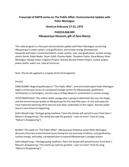 Environmental Update with Peter Montague Aired on February 17-21, 1975 PA2019.068.009 Albuquerque Museum, Gift of Zane Blaney