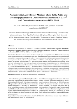 Antimicrobial Activities of Medium-Chain Fatty Acids and Monoacylglycerols on Cronobacter Sakazakii DBM 3157T and Cronobacter Malonaticus DBM 3148