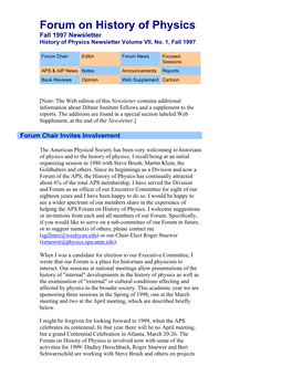 Forum on History of Physics Fall 1997 Newsletter History of Physics Newsletter Volume VII, No