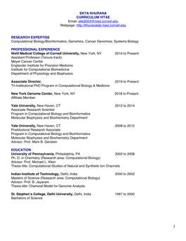 EKTA KHURANA CURRICULUM VITAE Email: Ekk2003@Med.Cornell.Edu Webpage