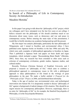 In Search of a Philosophy of Life in Contemporary Society: an Introduction Masahiro Morioka*