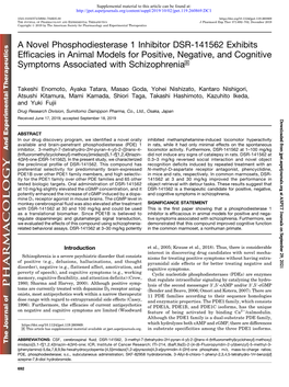 A Novel Phosphodiesterase 1 Inhibitor DSR-141562 Exhibits Efficacies in Animal Models for Positive, Negative, and Cognitive Symptoms Associated with Schizophrenia S