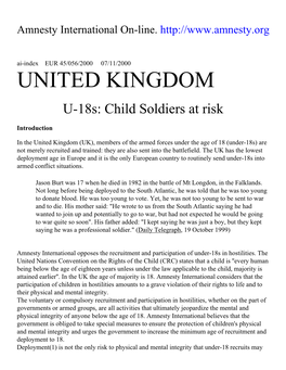 UNITED KINGDOM U-18S: Child Soldiers at Risk