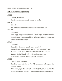 Banjo Tunings for 5 String - Master List