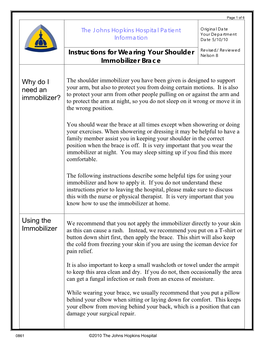 Instructions for Wearing Your Shoulder Immobilizer Brace Why Do