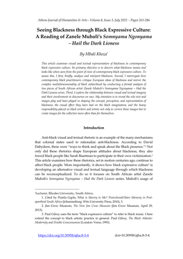Seeing Blackness Through Black Expressive Culture: a Reading of Zanele Muholi's Somnyama Ngonyama ‒ Hail the Dark Lioness