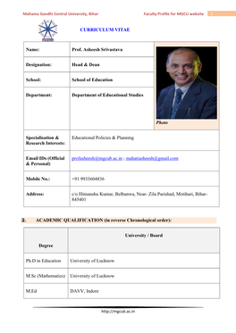 Faculty Detail Proforma for MGCU Website