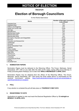 NOTICE of ELECTION Election of Borough Councillors