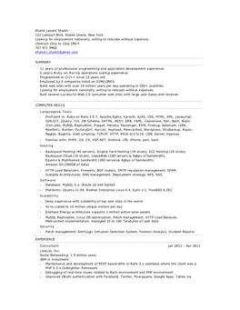 Khalid Jawaid Shaikh 122 Lamport Blvd, Staten Island, New York Looking for Employment Nationally, Willing to Relocate Without Expenses