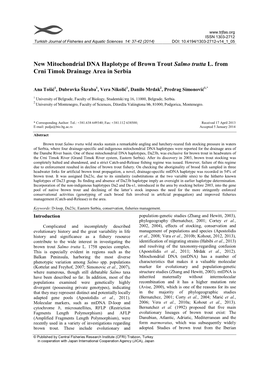 New Mitochondrial DNA Haplotype of Brown Trout Salmo Trutta L. from Crni Timok Drainage Area in Serbia