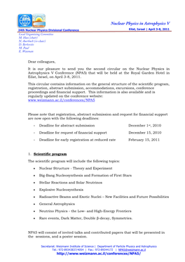 Second Circular on the Nuclear Physics in Astrophysics V Conference (NPA5) That Will Be Held at the Royal Garden Hotel in Eilat, Israel, on April 3-8, 2011