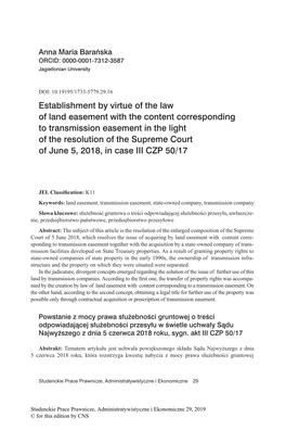 Establishment by Virtue of the Law of Land Easement with the Content Corresponding to Transmission Easement in the Light of T