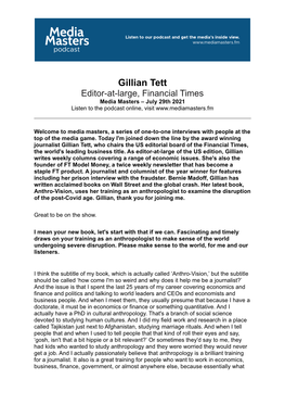 Gillian Tett Editor-At-Large, Financial Times Media Masters – July 29Th 2021 Listen to the Podcast Online, Visit