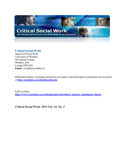 A Critical Analysis of the Use of Attachment Theory in Cases of Domestic Violence Critical Social Work 14(2) Fiona Buchanan1 1 University of South Australia