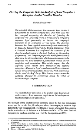 Piercing the Corporate Veil: an Analysis of Lord Sumption's Attempt to Avail a Troubled Doctrine